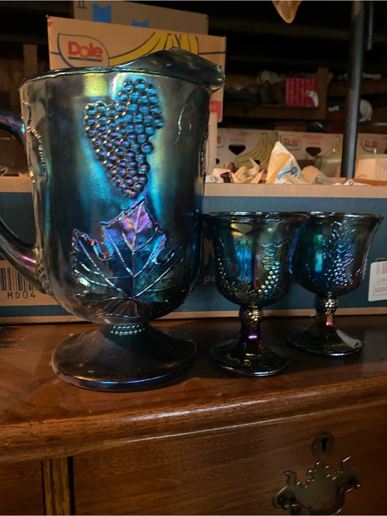 Other Other - Set of 1970’s Harvest Grape Blue Carnival Glass Pitcher and 8 Goblets